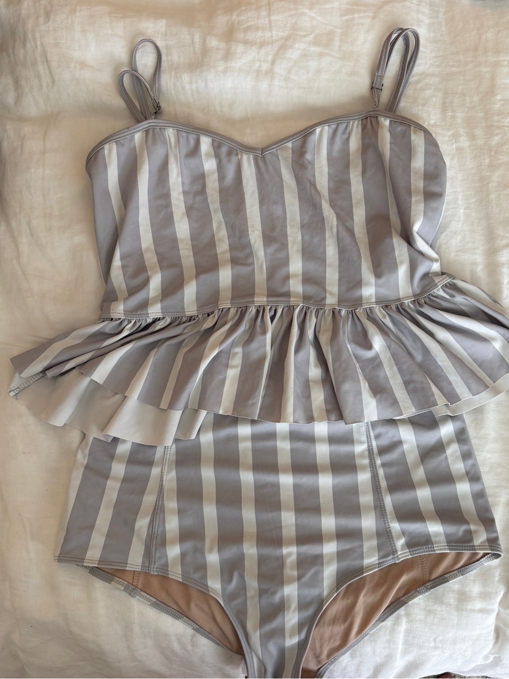 Kortni Jeane | Striped Peplum One-Piece Swimsuit - Light Gray & White